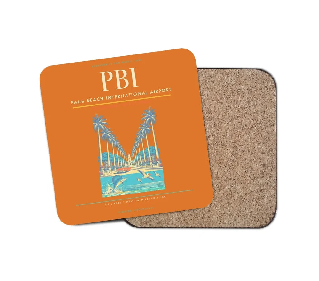 Palm Beach International Airport (PBI) design on orange 1 piece coaster