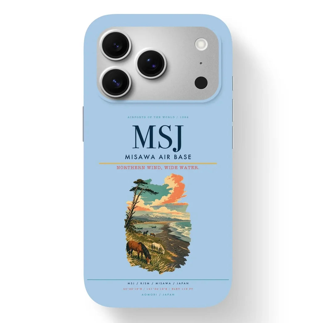 Misawa Airport (MSJ) design on light blue iPhone 17 Pro MagSafe case