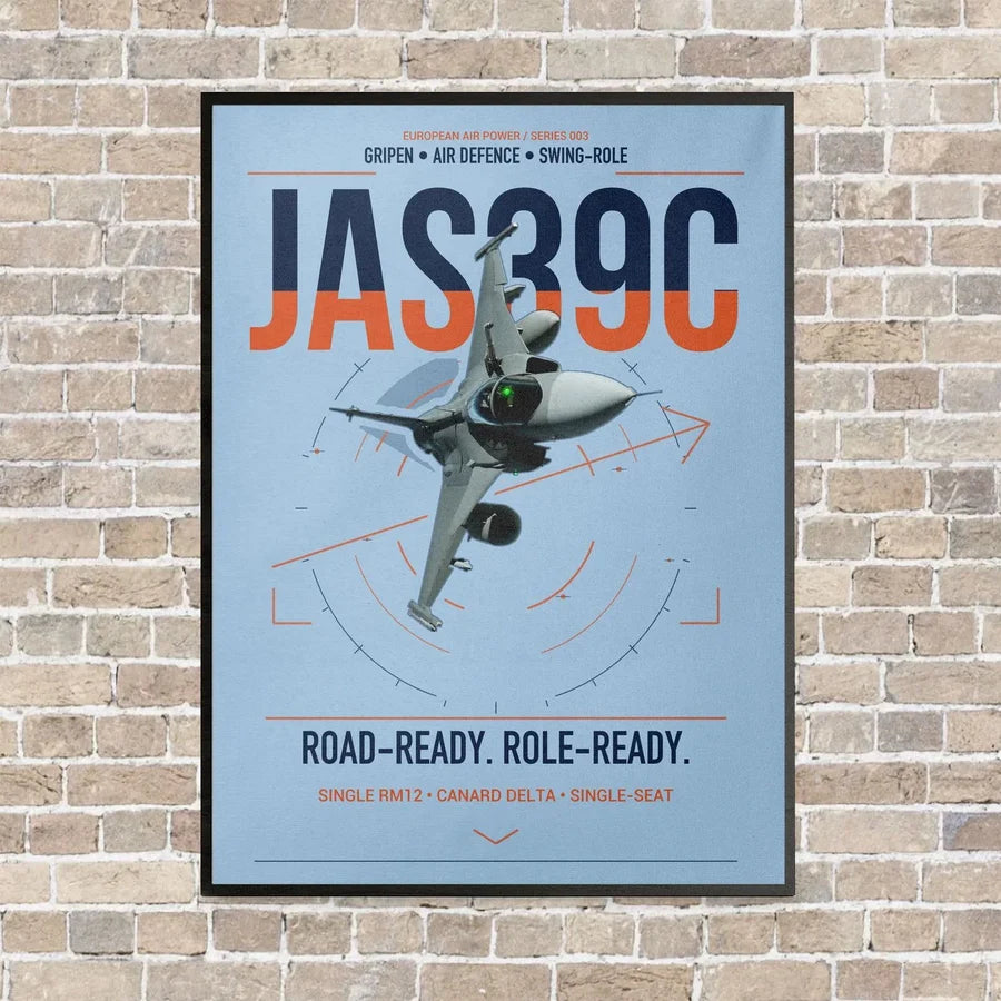 Saab JAS 39C Gripen vertical canvas print - framed - light blue background