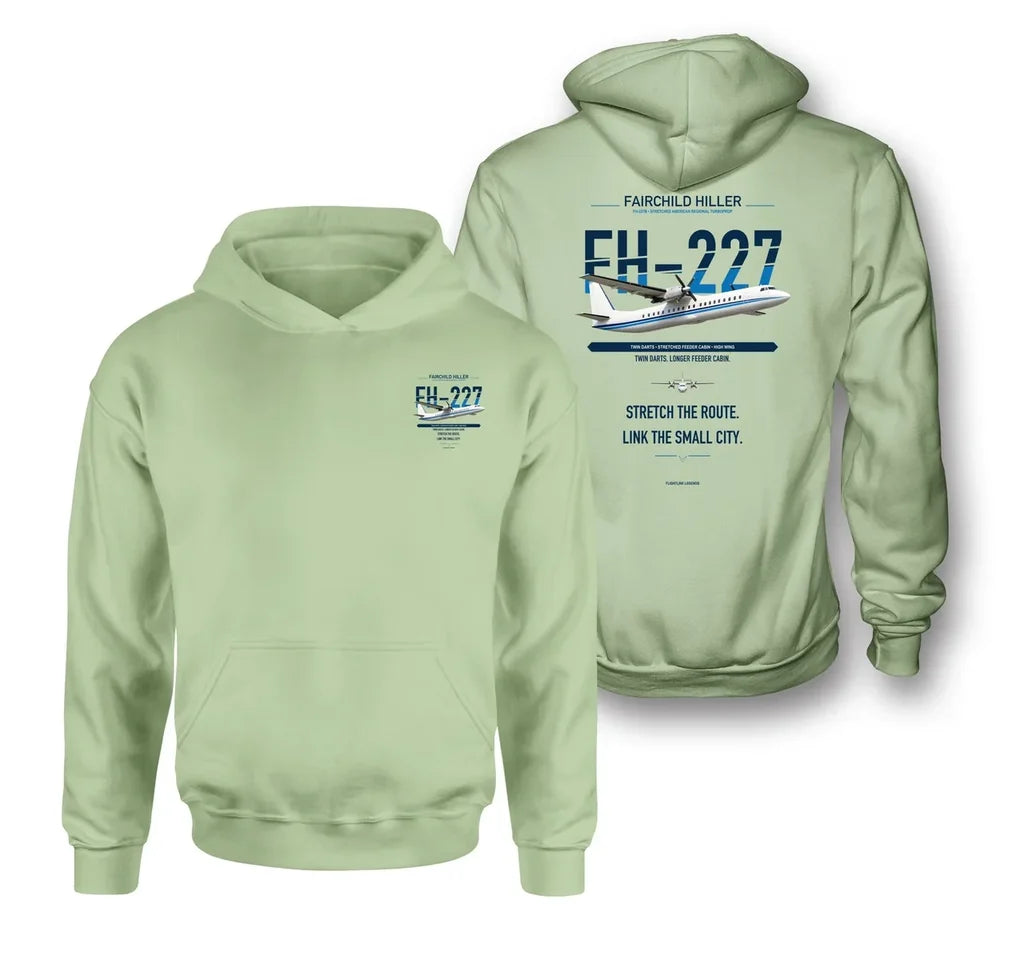 Fairchild Hiller FH-227B design on light green hoodie