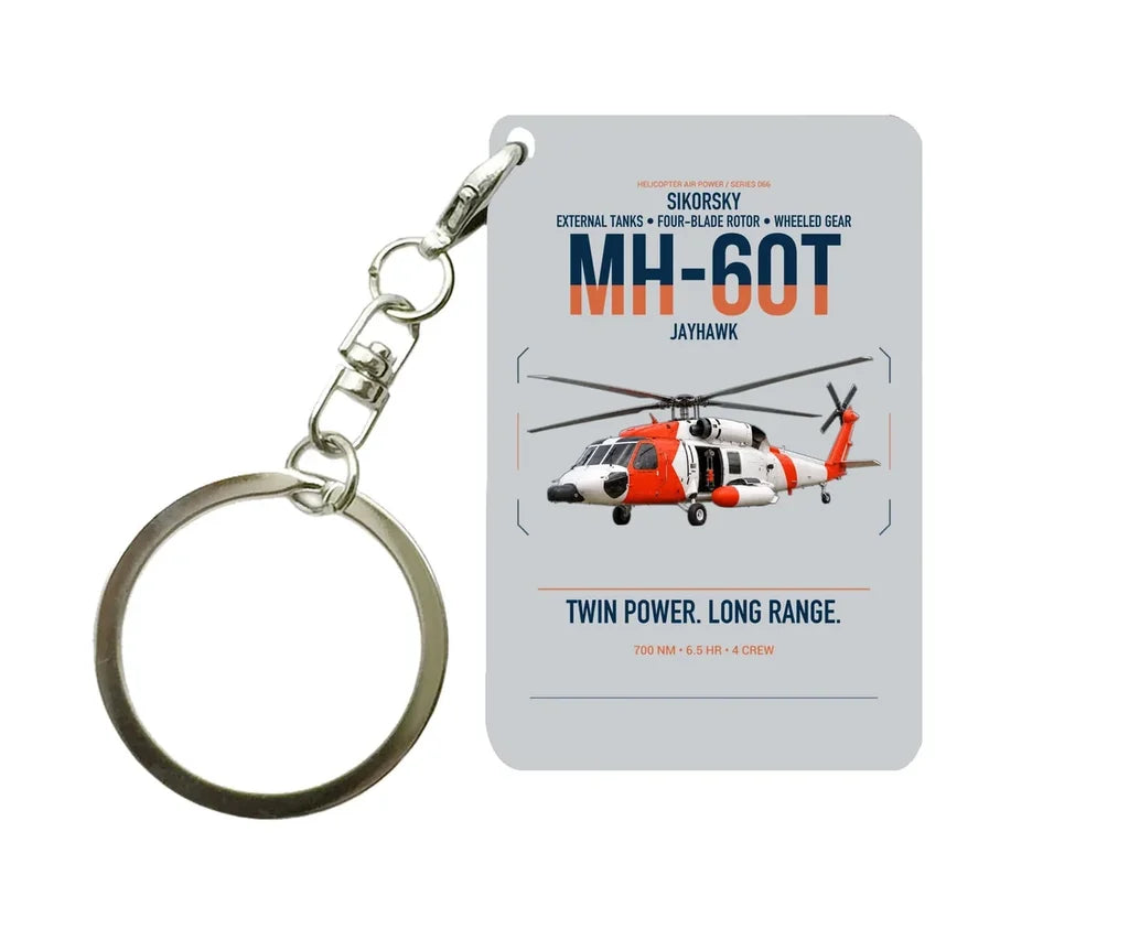 Sikorsky MH-60T Jayhawk design on light gray designed key chain, double-side print
