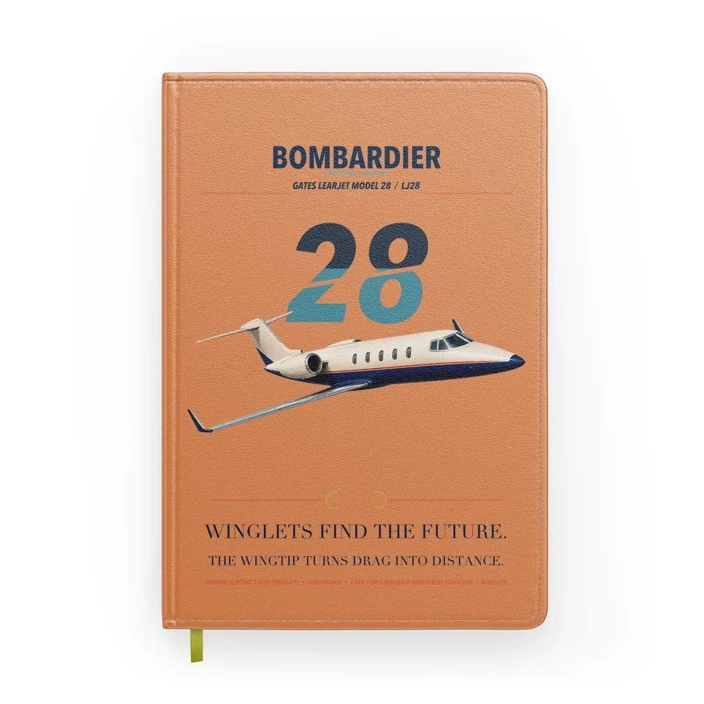 Bombardier Learjet 28 design on orange notebook