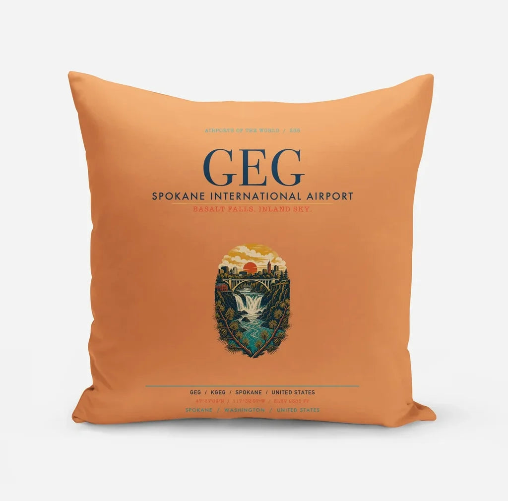 Spokane International Airport (GEG) design on orange pillow