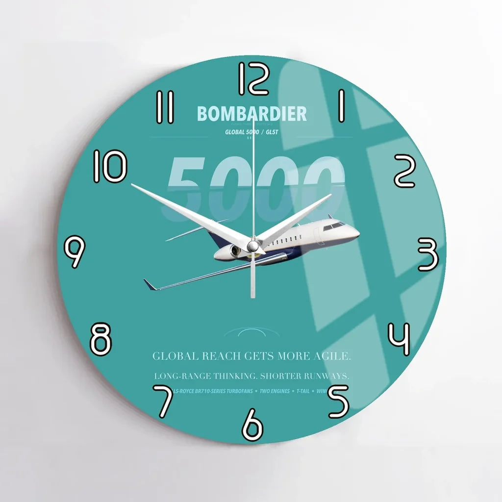 Bombardier Global 5000 design on turquoise no frame wall clock