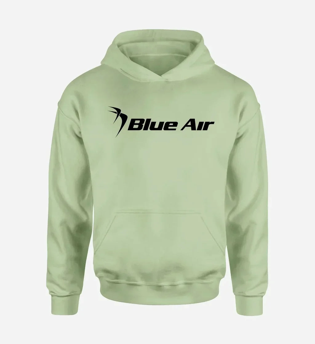 Blue Air logo printed on light green hoodie