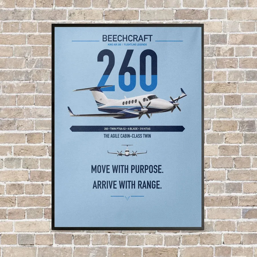 Beechcraft King Air 260 vertical canvas print - framed - light blue background