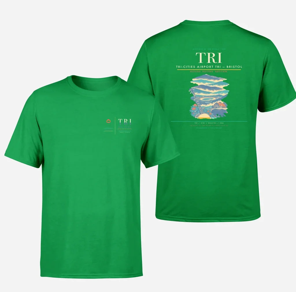 Tri-Cities Airport (TRI) design printed on green double-side t-shirt