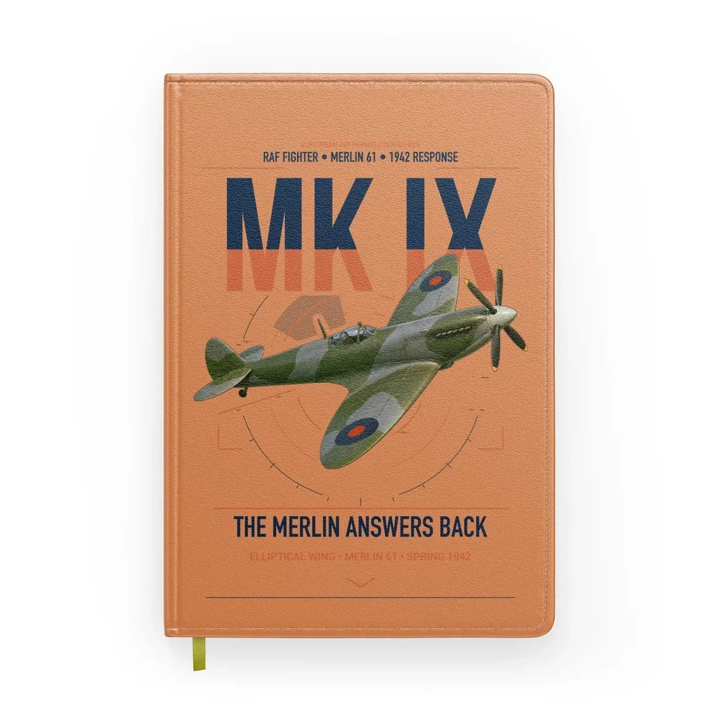 Supermarine Spitfire Mk IX design on orange notebook