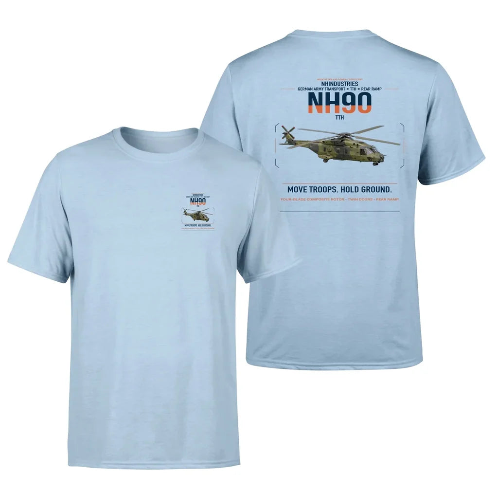 NHIndustries NH90 TTH design on light blue t-shirt, double-side print