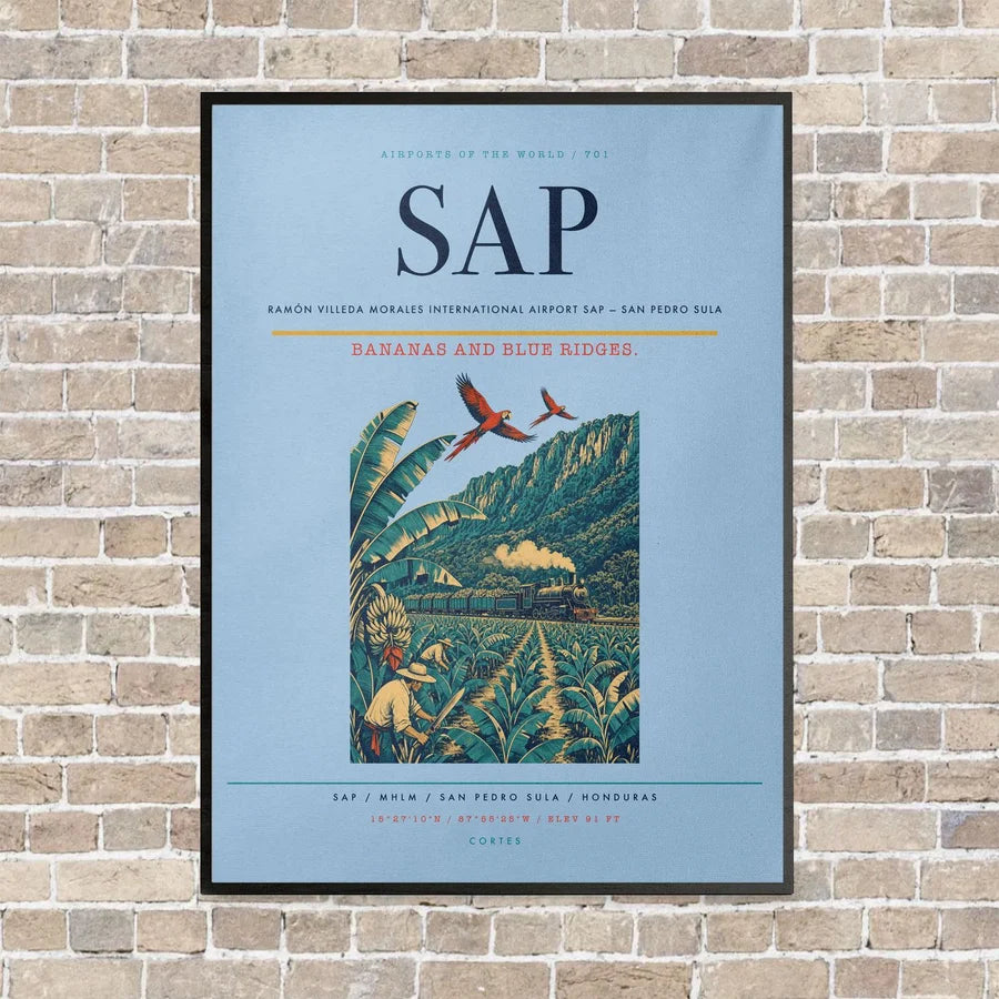 Ramón Villeda Morales International Airport SAP — San Pedro Sula vertical canvas print - framed - light blue background