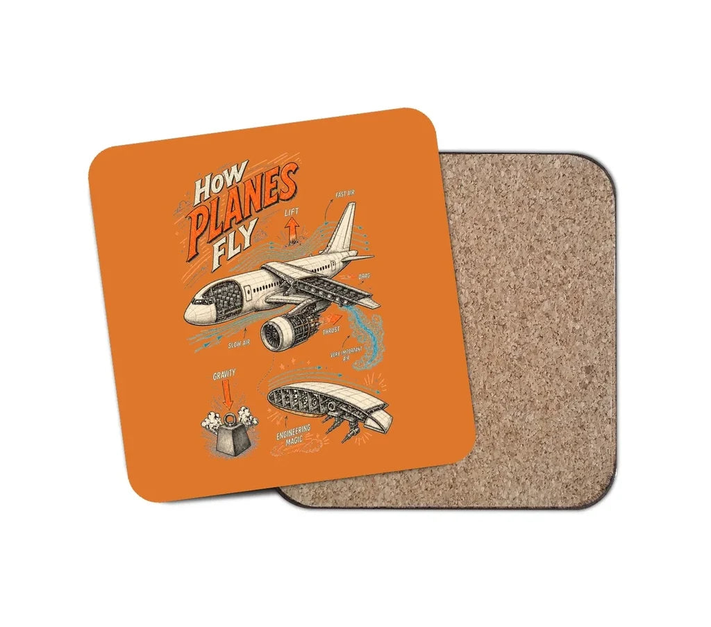 How Planes Fly V2 design on orange 1 piece coaster