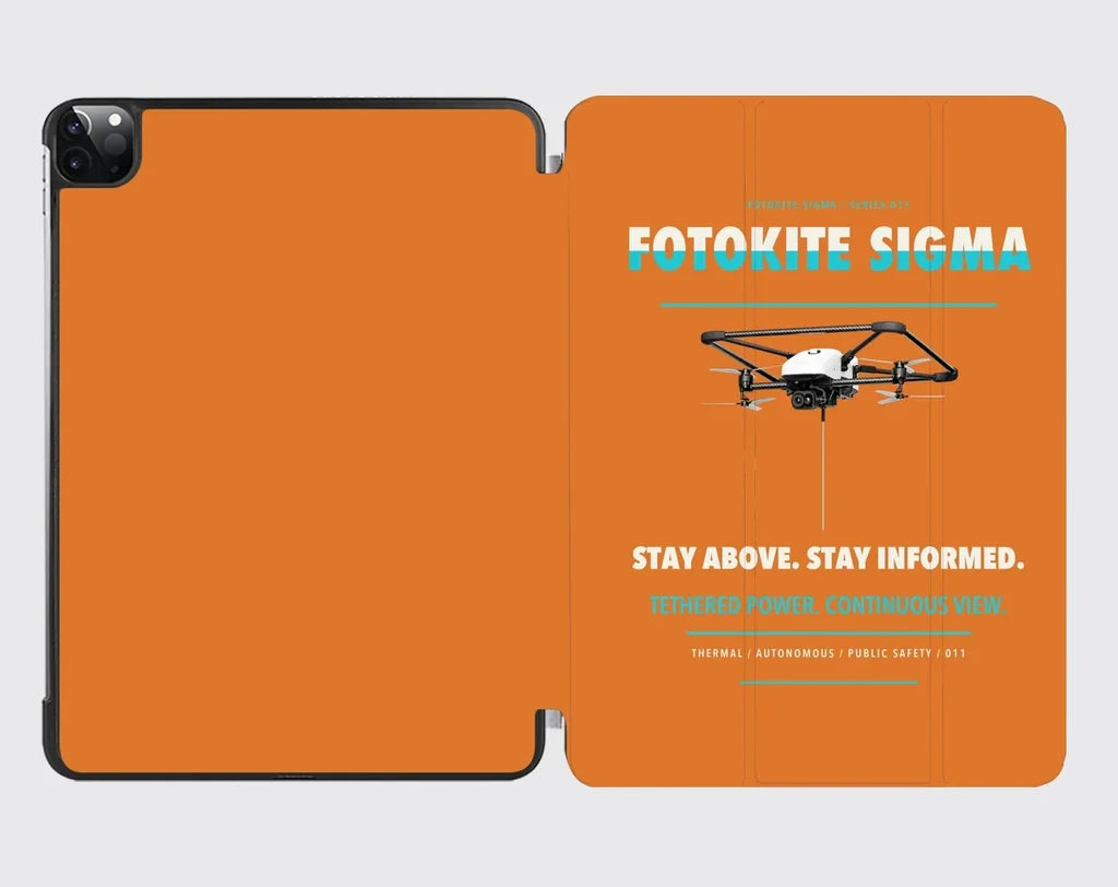 Fotokite Sigma design on orange ipad tablet case