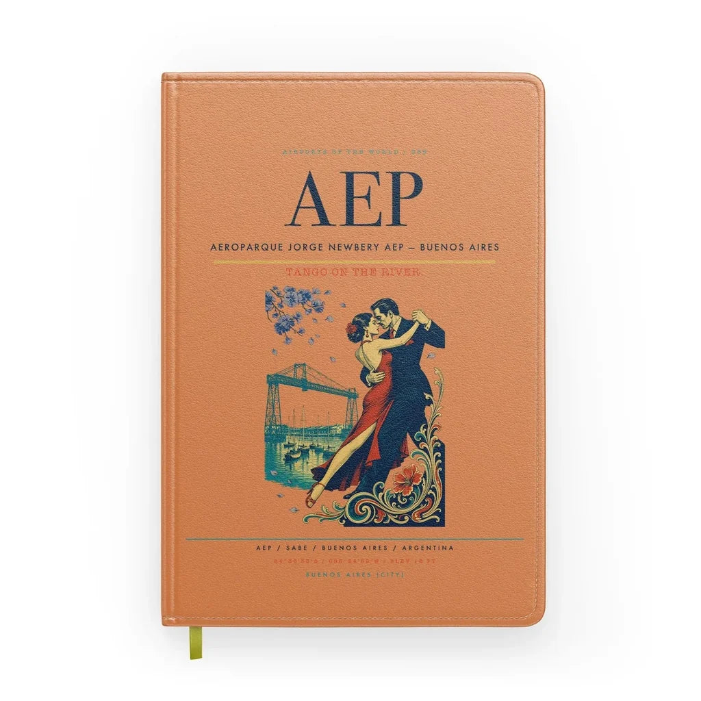 Aeroparque Jorge Newbery (AEP) design on orange notebook