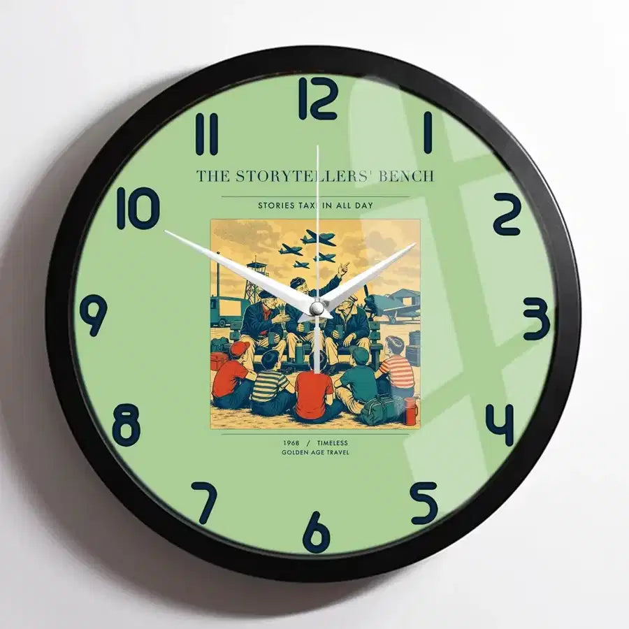 VINTAGE G4430 - The Storytellers' Bench - Designed Wall Clocks design on lightgreen framed