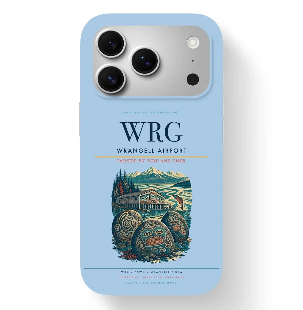 Wrangell Airport (WRG) design on light blue iPhone 17 Pro MagSafe case
