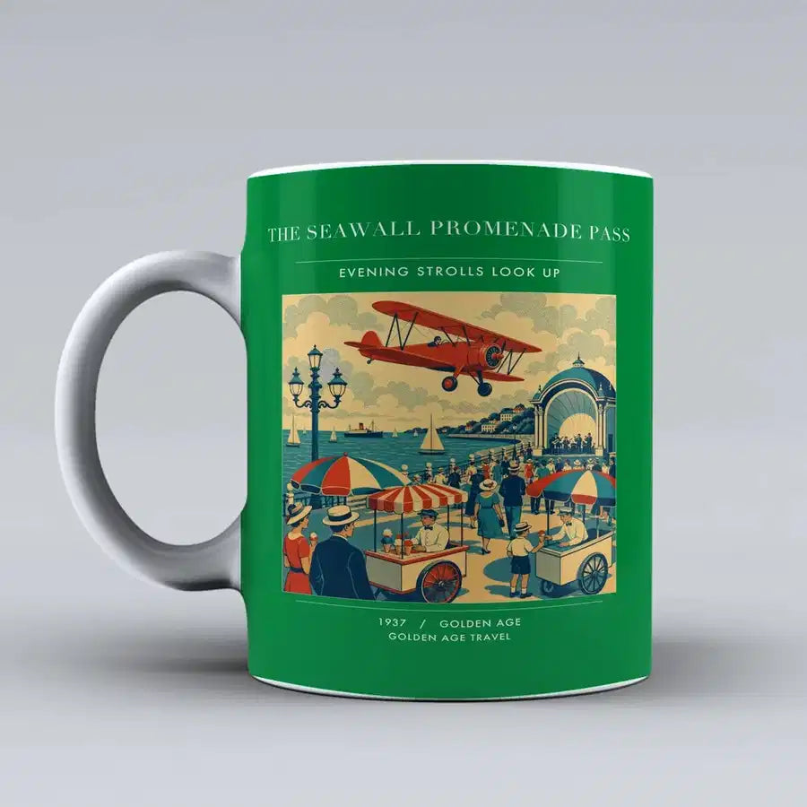 VINTAGE G4476 - The Seawall Promenade Pass - Ceramic Mug design on green