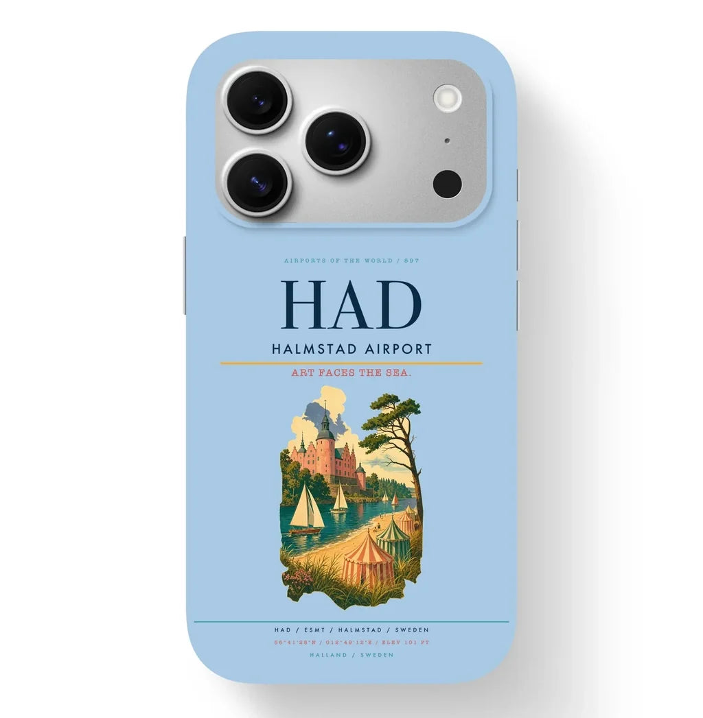 Halmstad Airport (HAD) design on light blue iPhone 17 Pro MagSafe case
