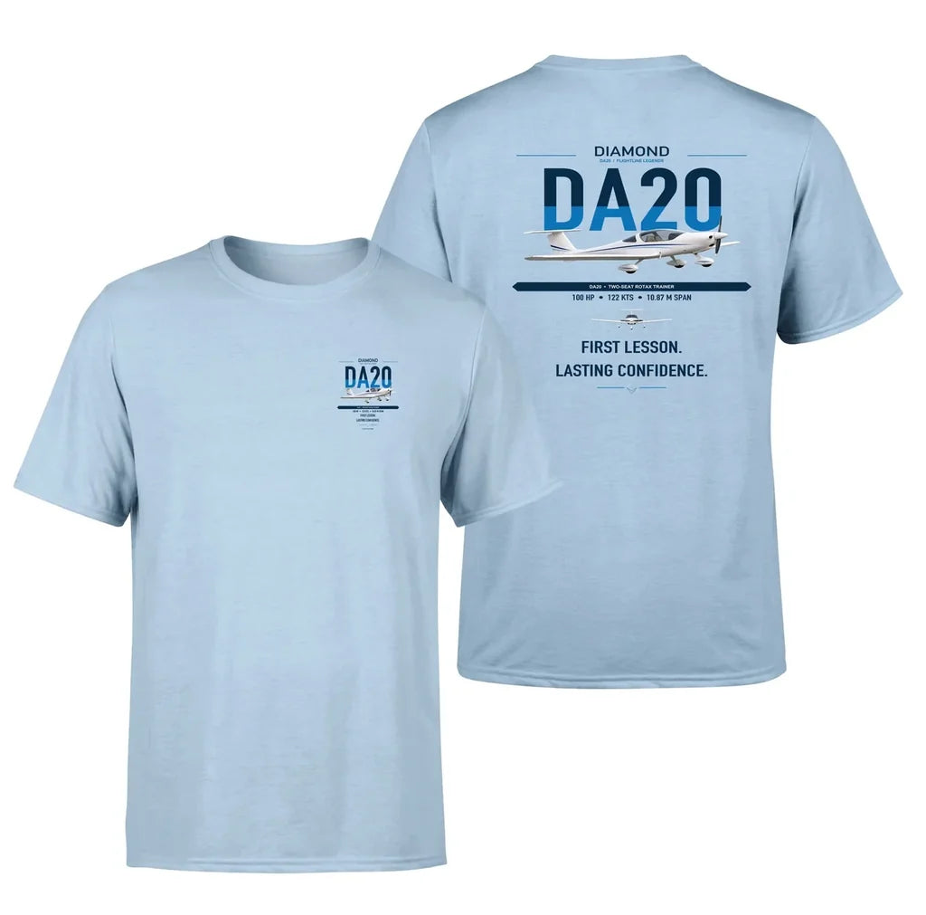 Diamond DA20 design on light blue t-shirt, double-side print