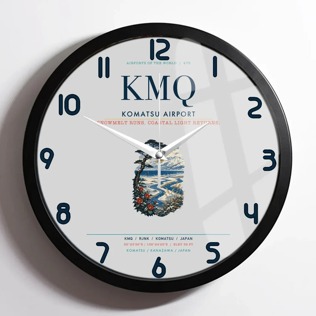 Komatsu Airport (KMQ) design on light gray framed wall clock