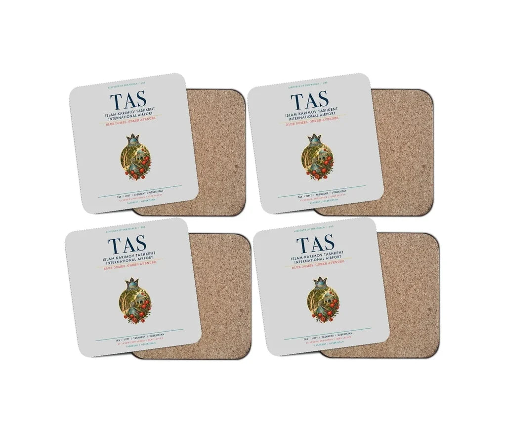 Islam Karimov Tashkent International Airport (TAS) design on light gray 4 pieces set coaster