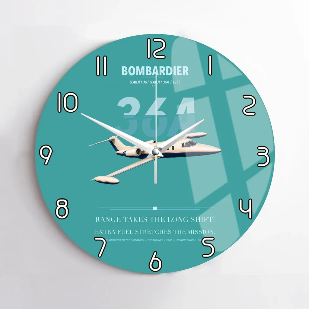 Bombardier Learjet 36A design on turquoise no frame wall clock