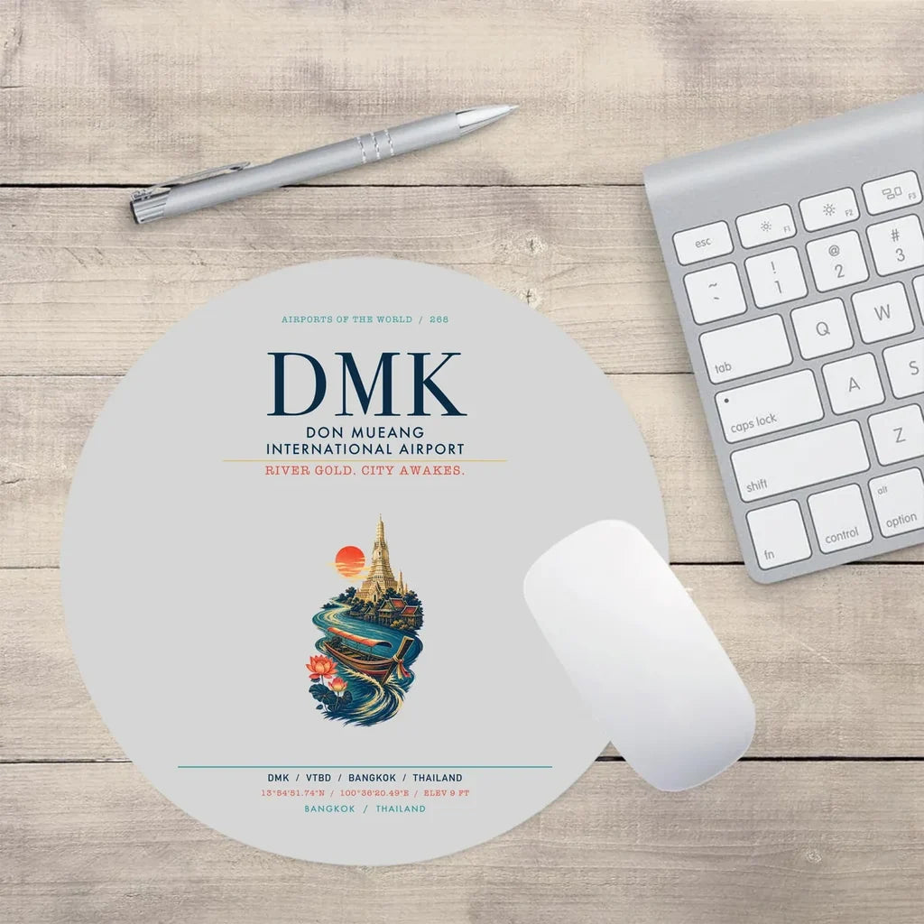 Don Mueang International Airport Bangkok (DMK) design on light gray round mouse pad