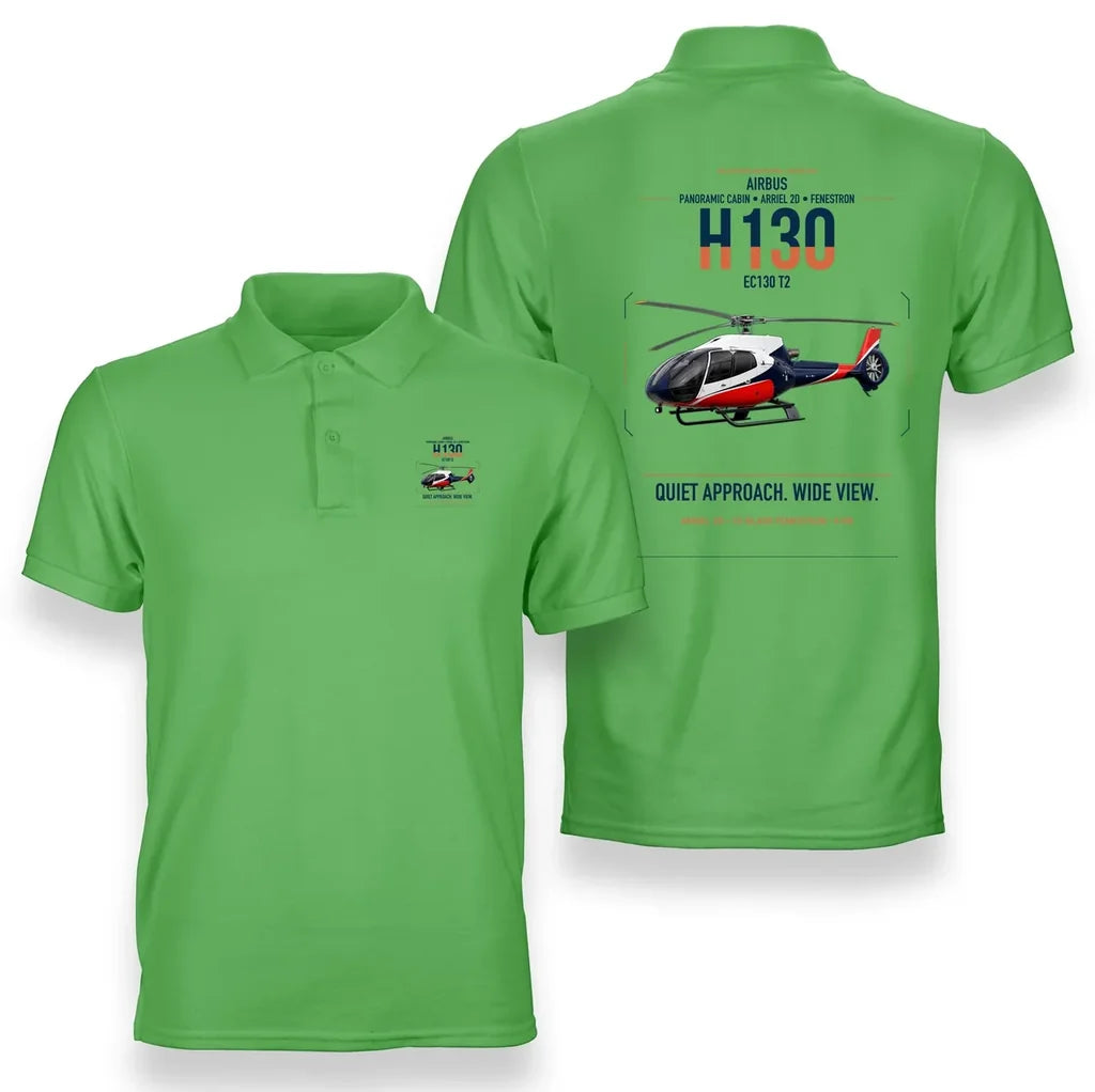 Airbus H130 design on light green double-side polo t-shirt, double-side print