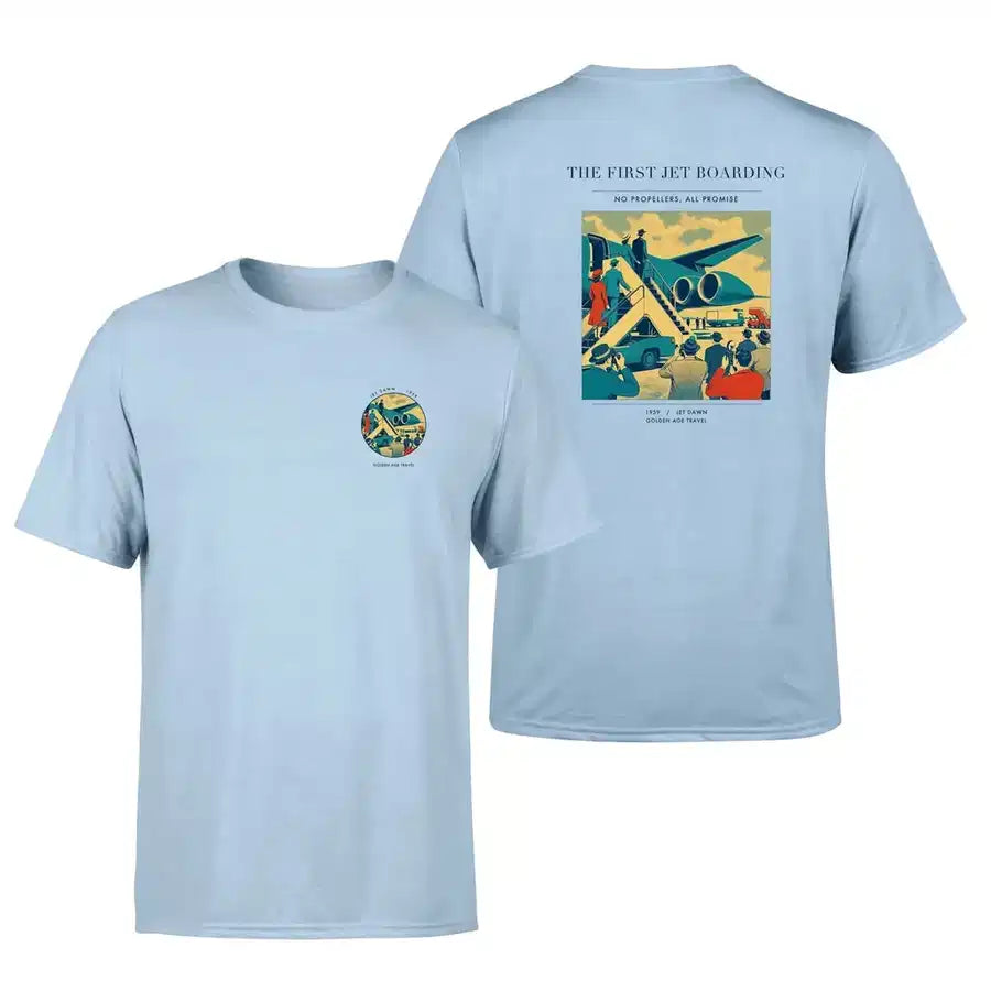 VINTAGE G4228 - The First Jet Boarding - Double-Side T-Shirt design on lightblue double side t shirt