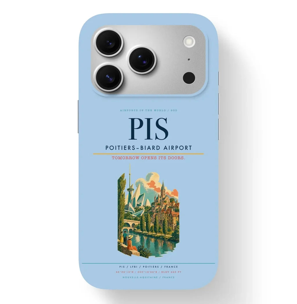 Poitiers Airport (PIS) design on light blue iPhone 17 Pro MagSafe case