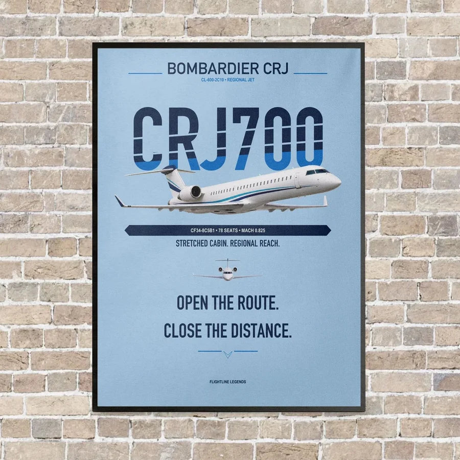 Bombardier CRJ700 vertical canvas print - framed - light blue background