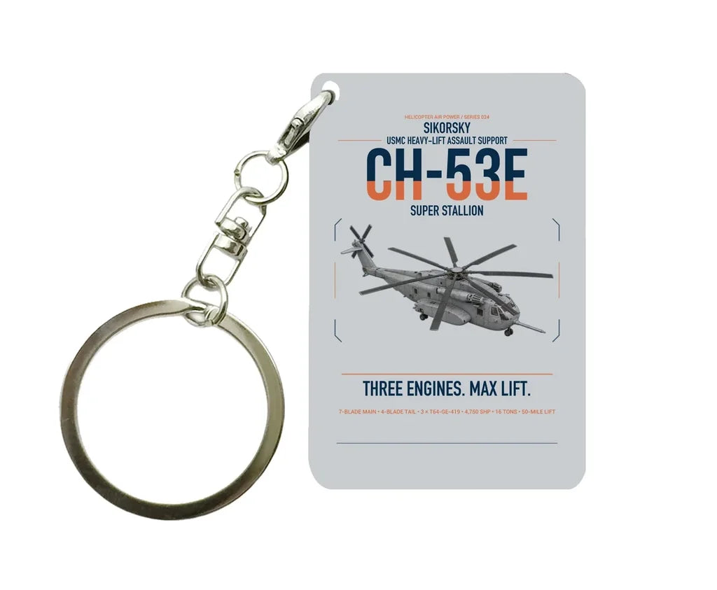 Sikorsky CH-53E Super Stallion design on light gray designed key chain, double-side print