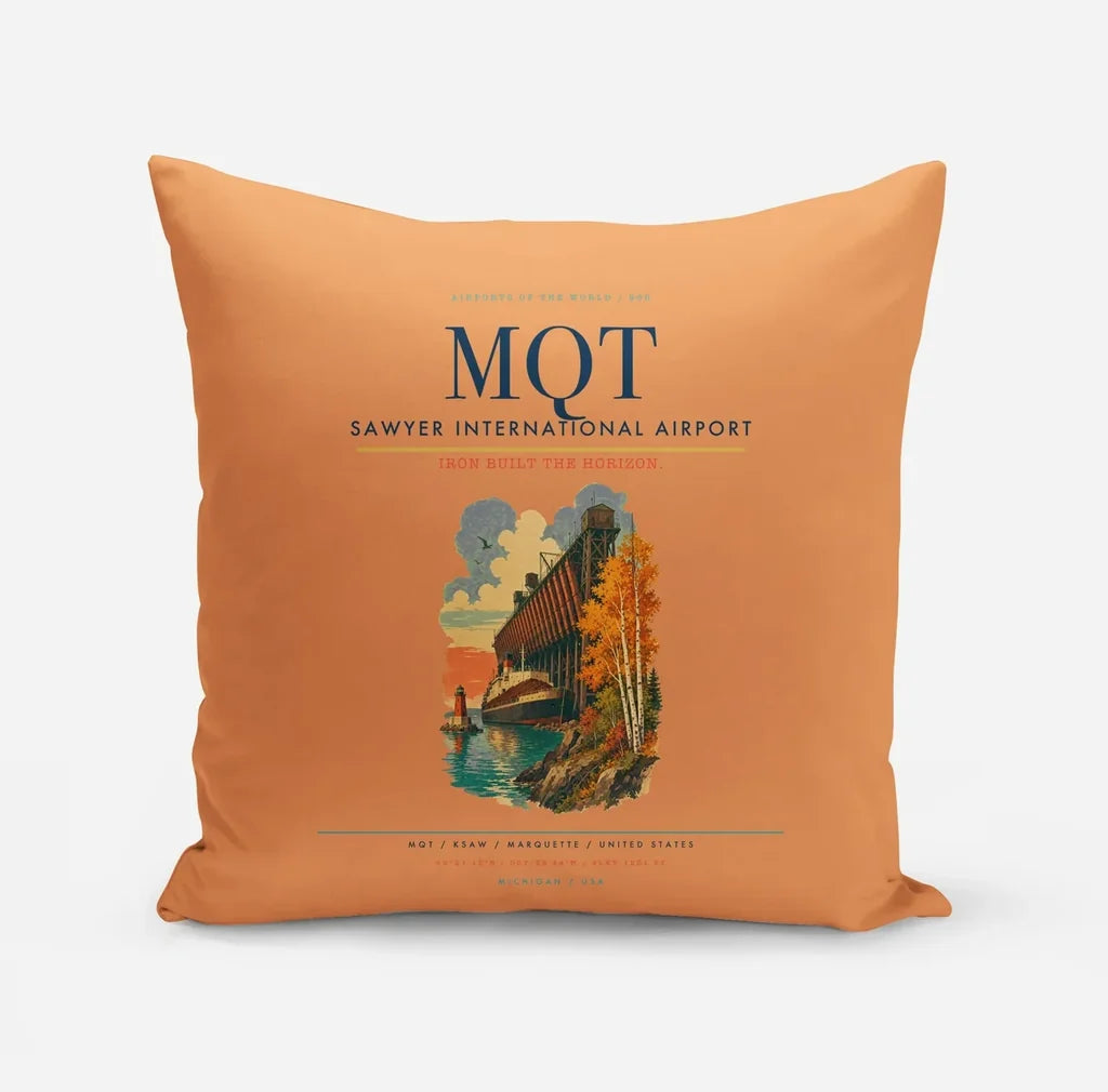 Sawyer International Airport (MQT) design on orange pillow