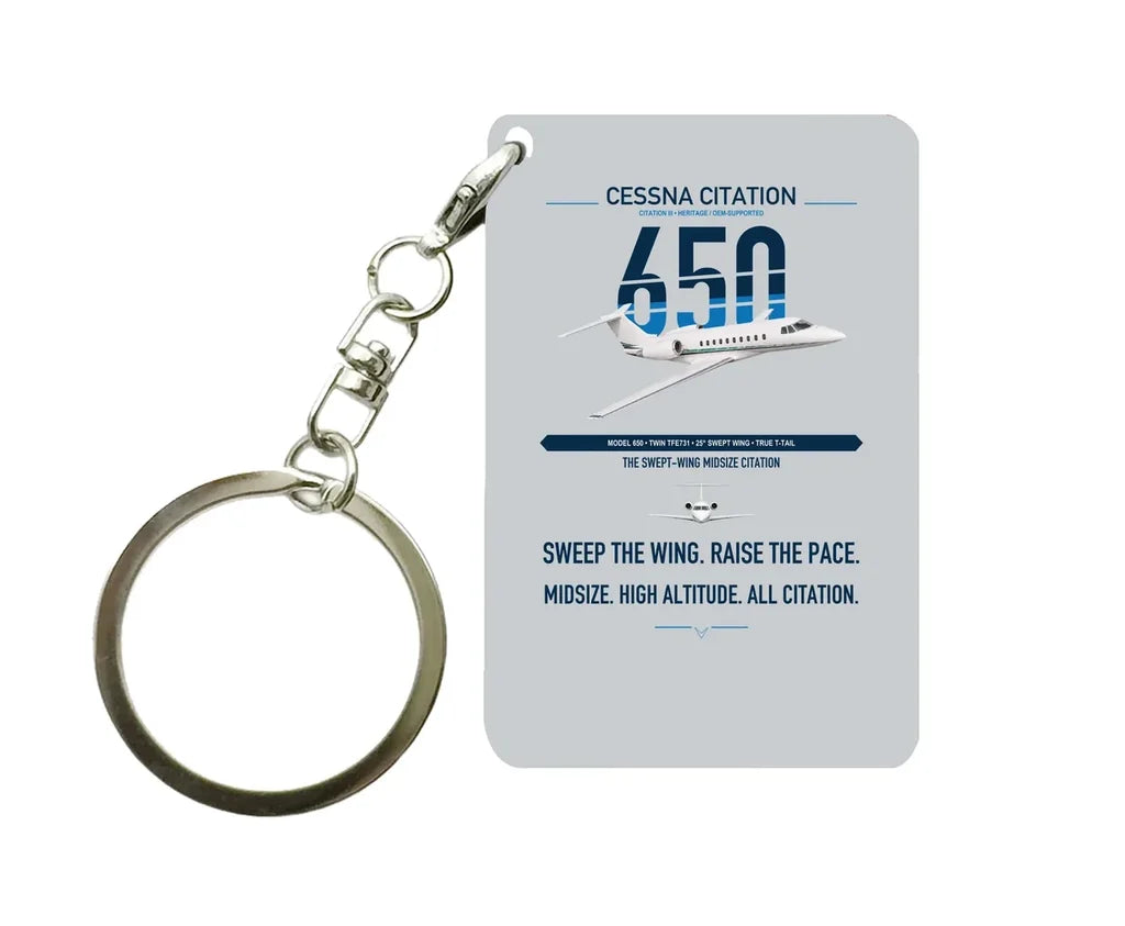 Cessna Citation 650 - Citation III design on light gray designed key chain, double-side print