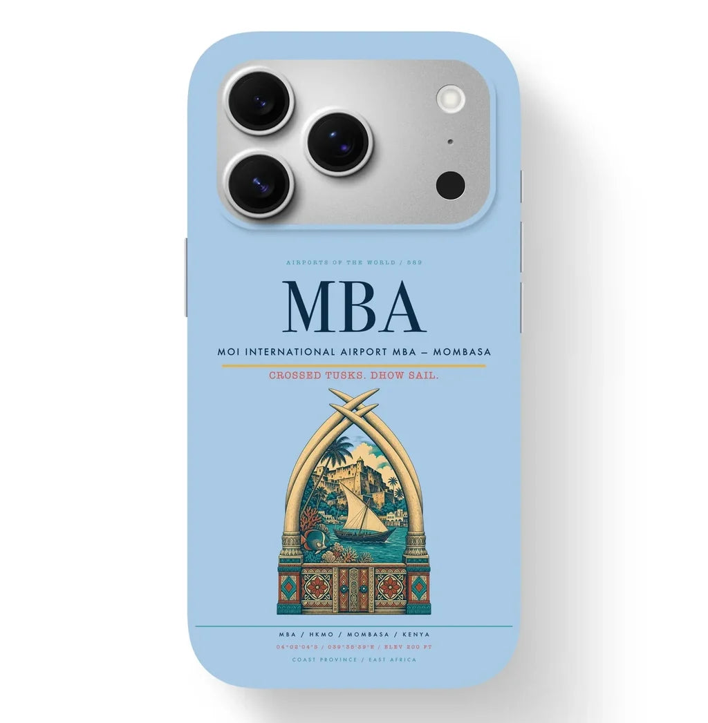 Mombasa Airport (MBA) design on light blue iPhone 17 Pro MagSafe case