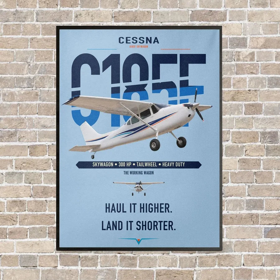 Cessna A185F Skywagon vertical canvas print - framed - light blue background
