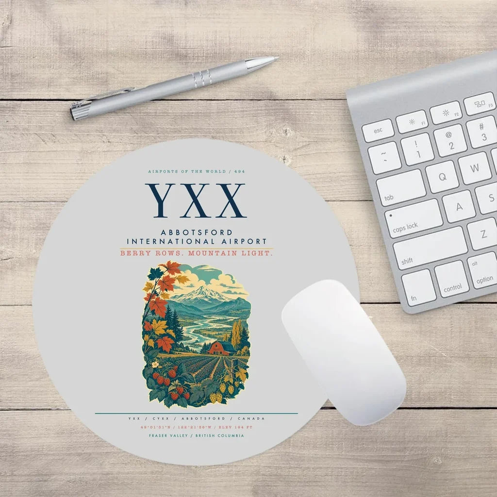 Abbotsford International Airport (YXX) design on light gray round mouse pad