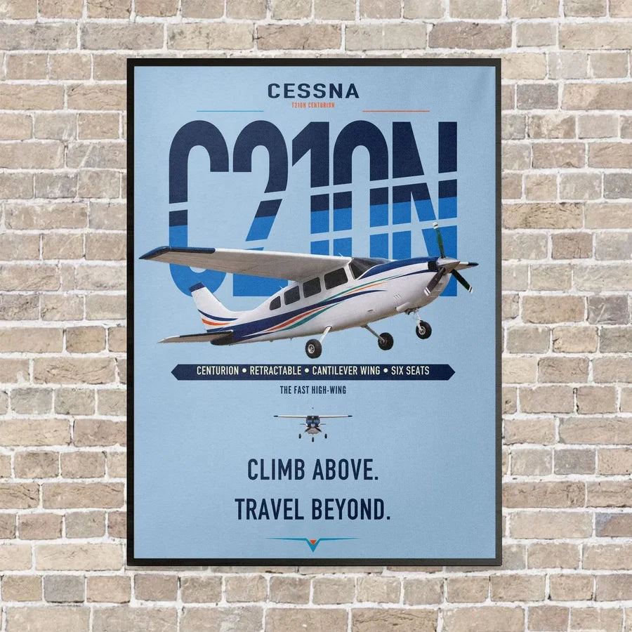 Cessna T210N Centurion vertical canvas print - framed - light blue background