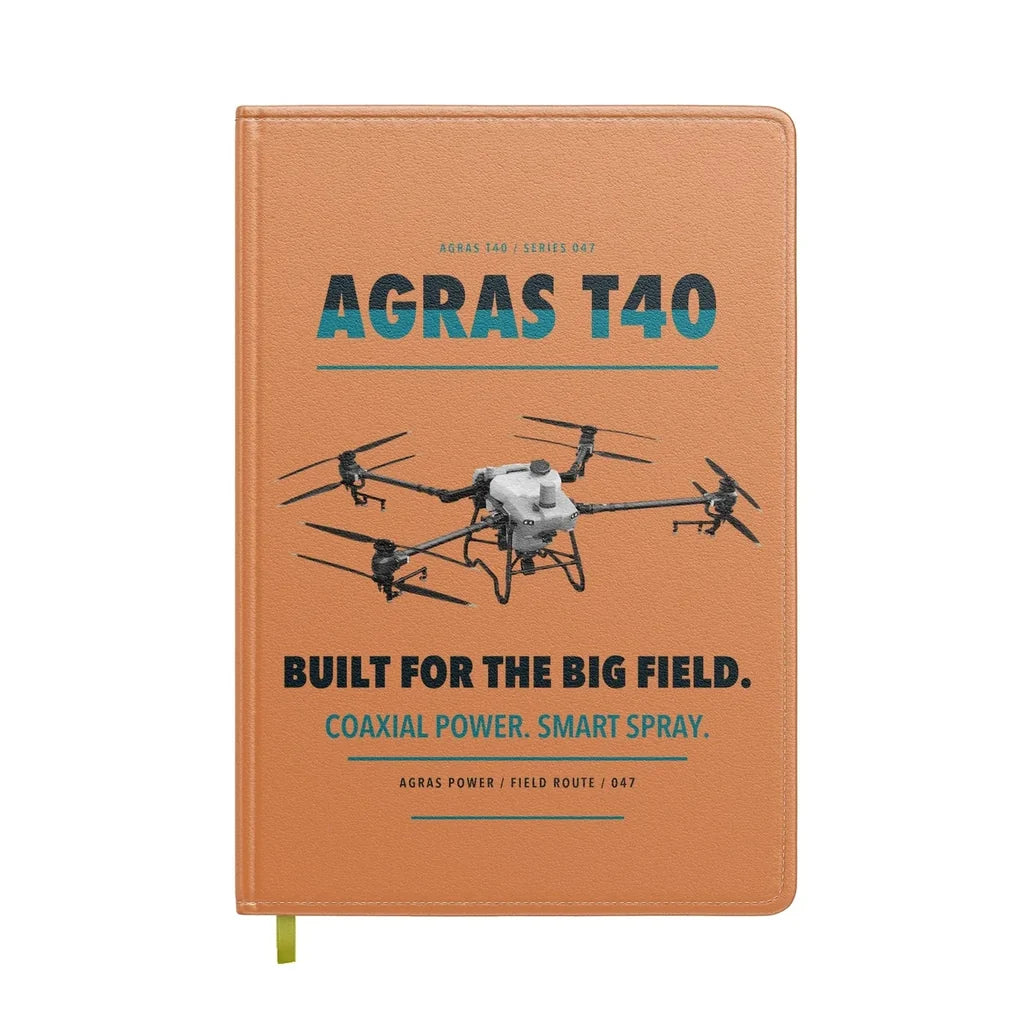 DJI Agras T40 design on orange notebook