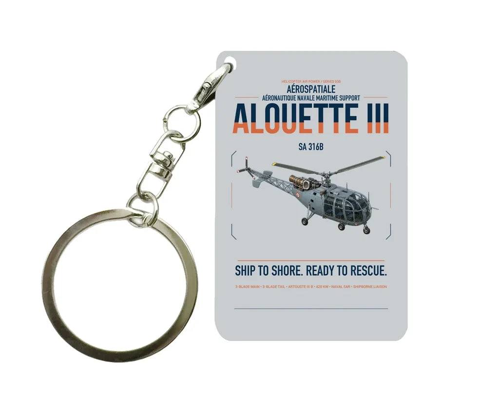 Aérospatiale SA 316B Alouette III design on light gray designed key chain, double-side print