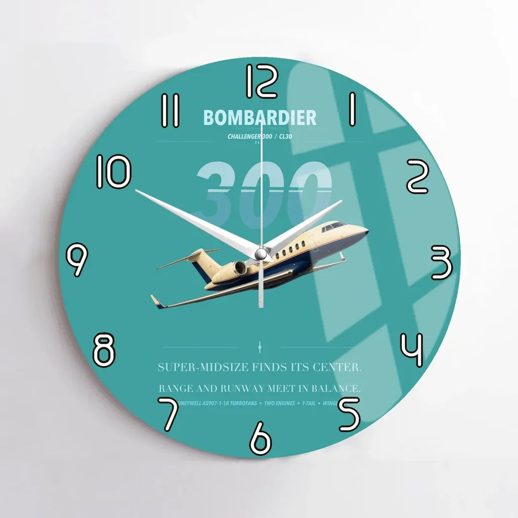 Bombardier Challenger 300 design on turquoise no frame wall clock