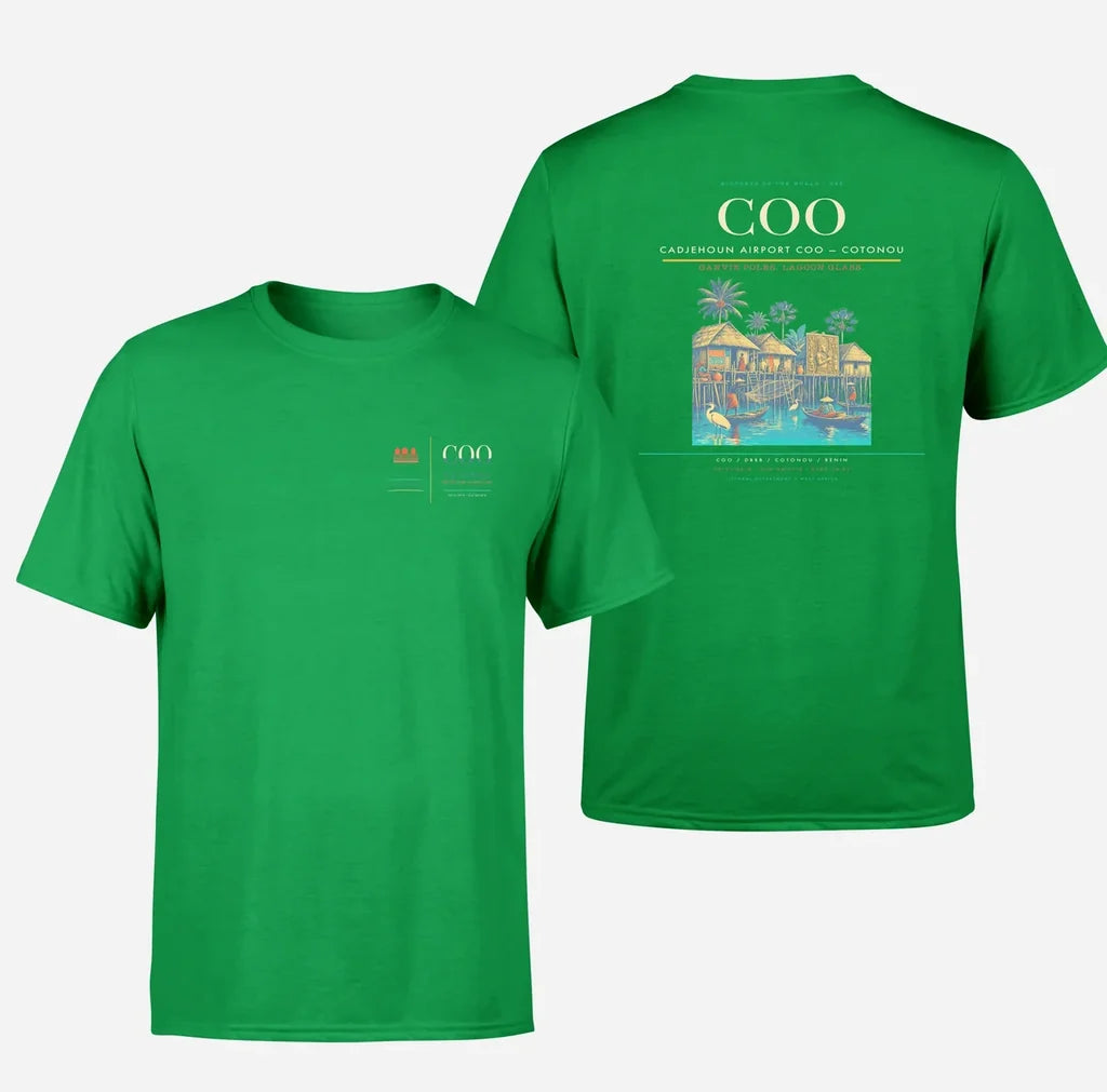 Cadjehoun Airport (COO) design printed on green double-side t-shirt