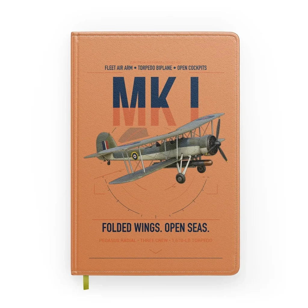 Fairey Swordfish Mk I design on orange notebook