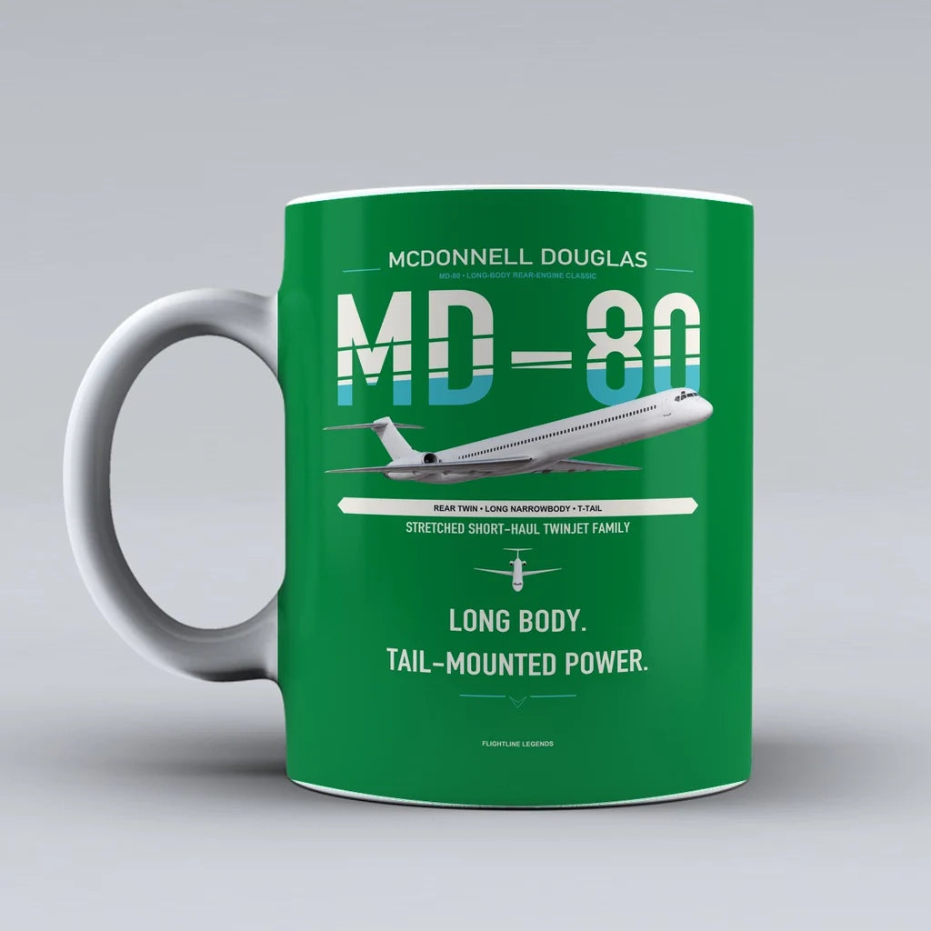 McDonnell Douglas MD-80 design on green ceramic mug, double-side print