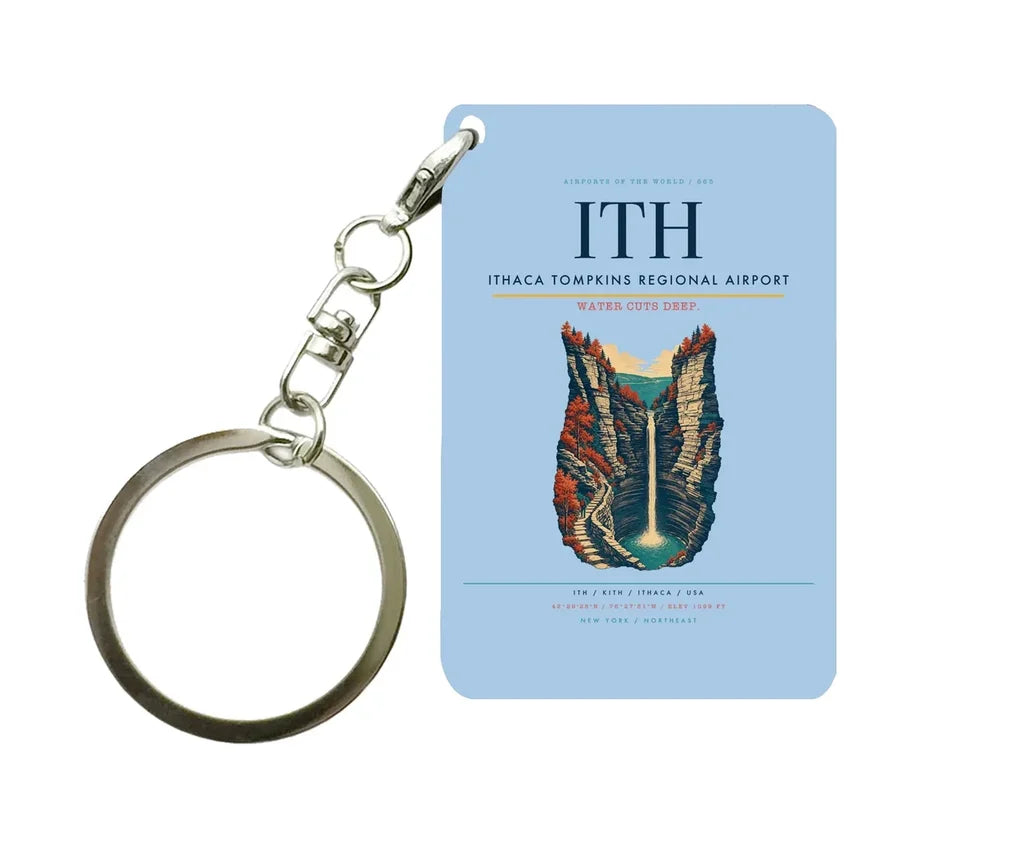 Ithaca Tompkins Regional Airport (ITH) design on light blue key chain