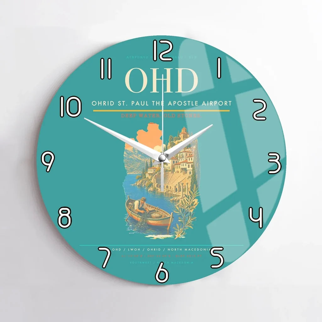 Ohrid St. Paul the Apostle Airport (OHD) design on turquoise no frame wall clock