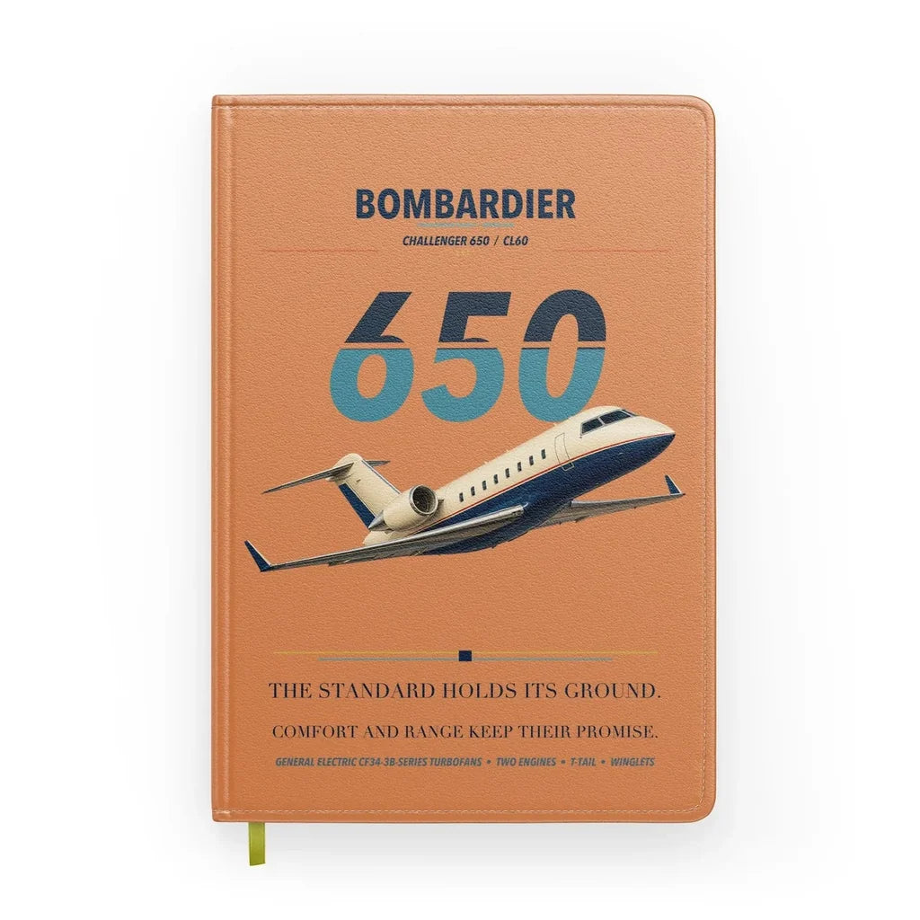 Bombardier Challenger 650 design on orange notebook