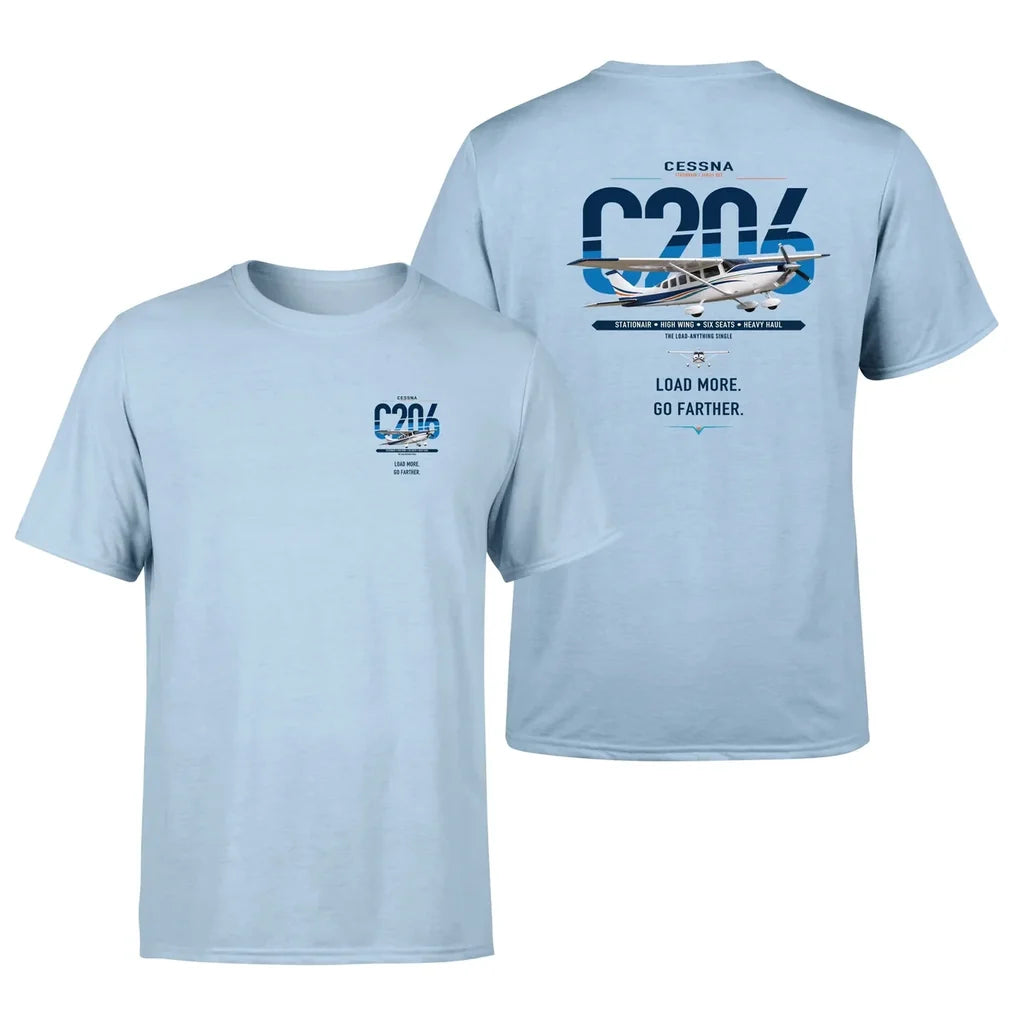 Cessna 206 Stationair design on light blue t-shirt, double-side print