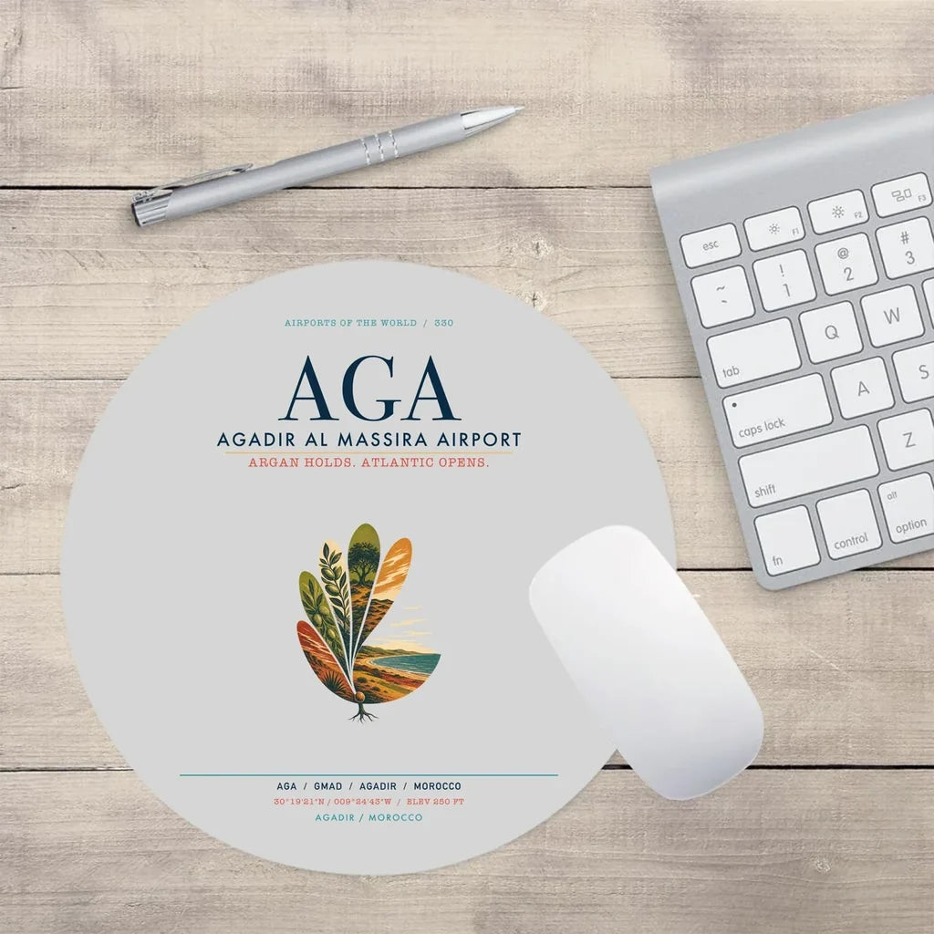 Agadir Al Massira Airport (AGA) design on light gray round mouse pad