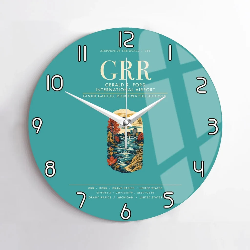 Gerald R. Ford International Airport Grand Rapids (GRR) design on turquoise no frame wall clock