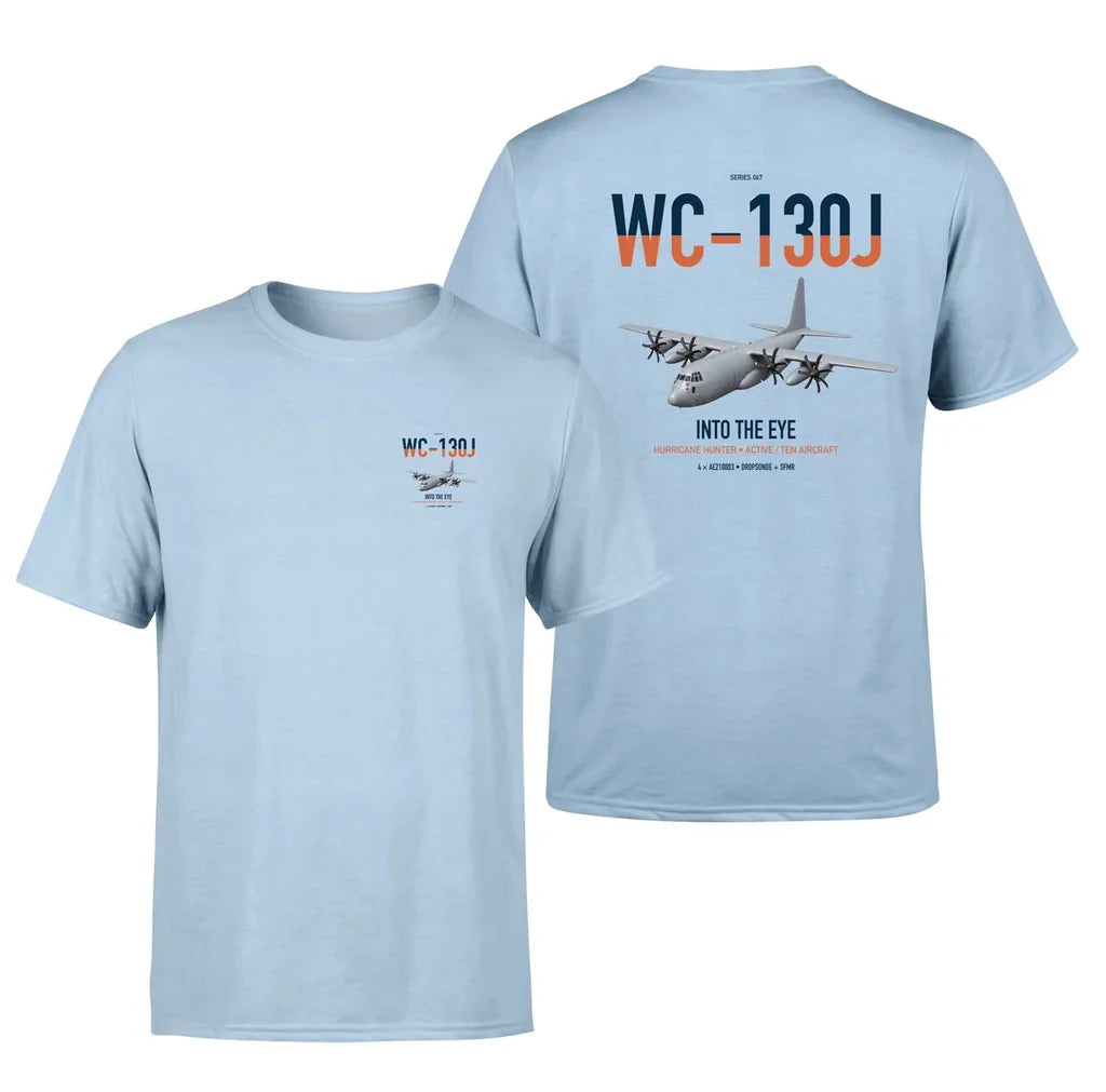 WC-130J Hurricane Hunter design on light blue double-side t-shirt, double-side print